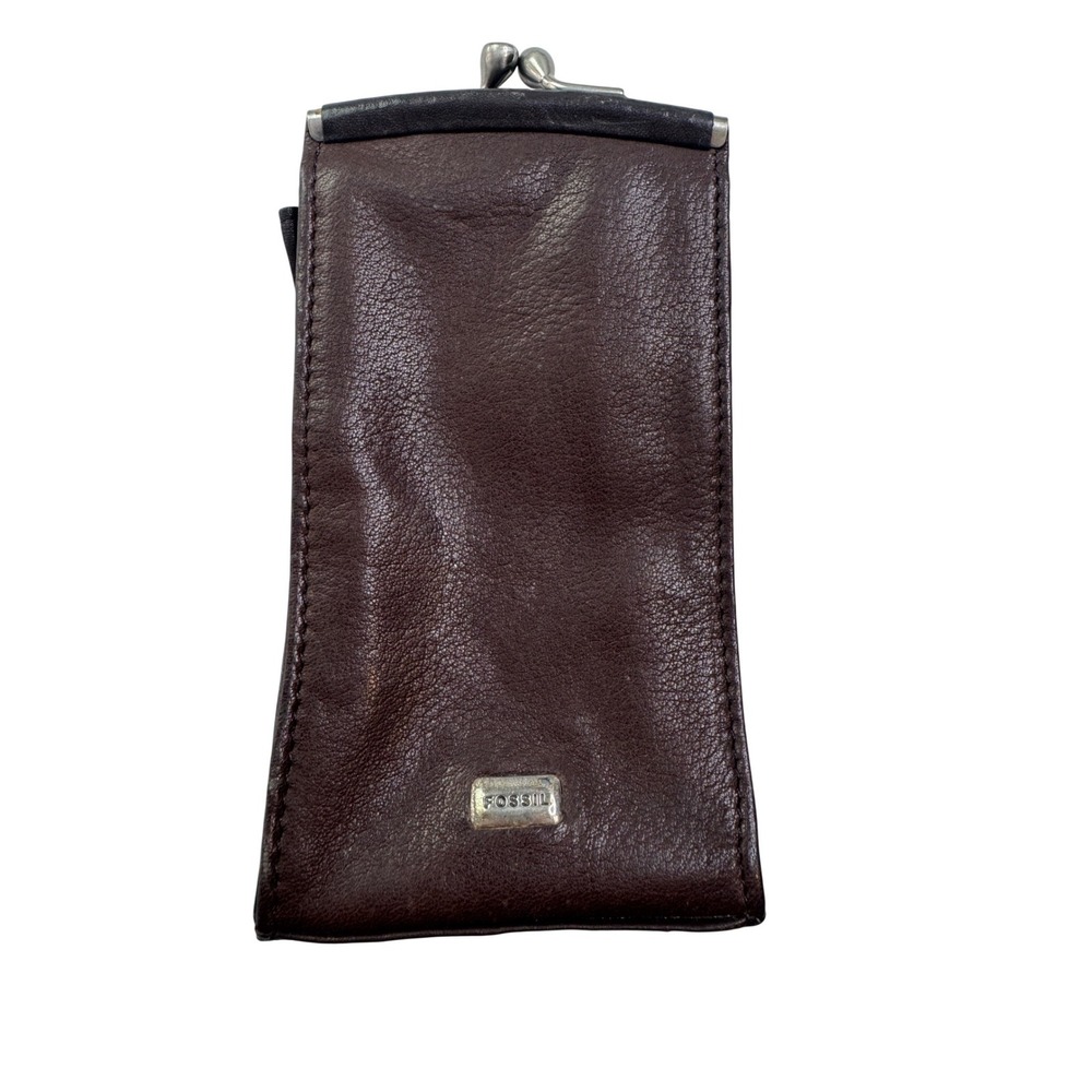Vintage Fossil Dark Brown Genuine Leather Kiss Lock Coin Purse Pouch Card Holder